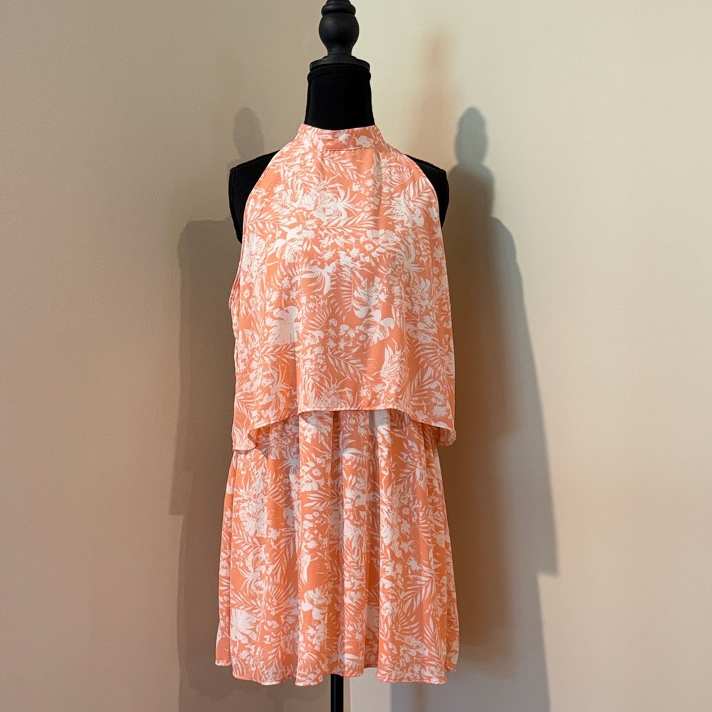 Paper Crane Coral & White Halter Floral Mini Dress